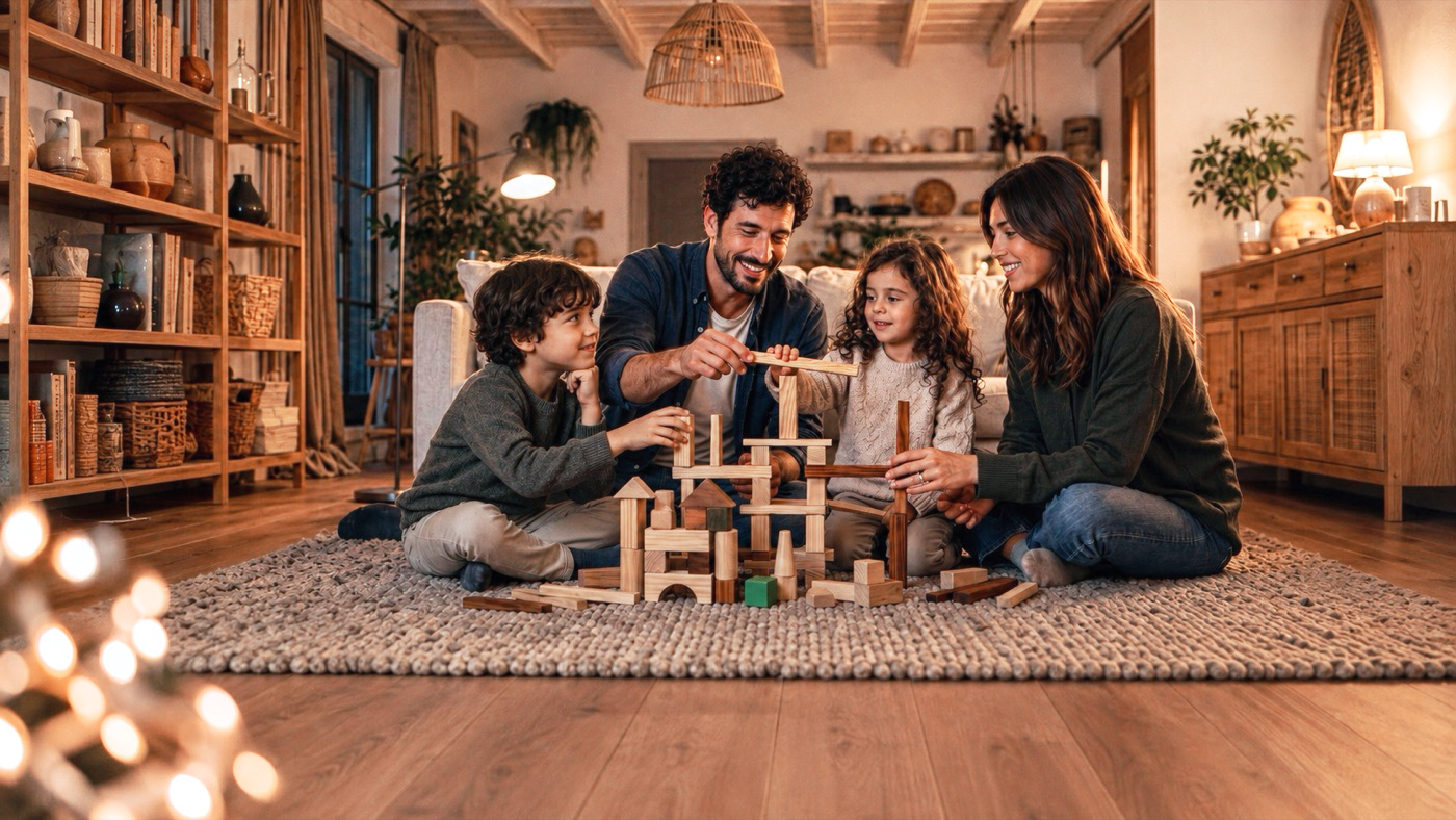 A family completing an offline activity together
