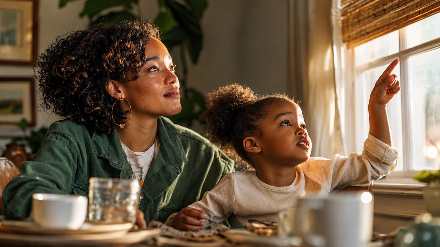 A mother and daughter at the table - the girl pointing at something she noticed out the window