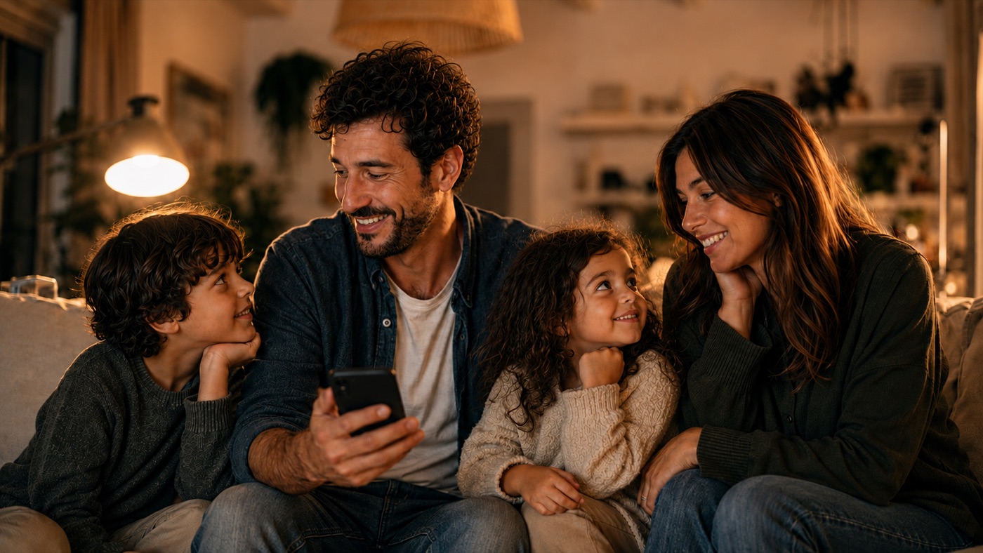 A family on the sofa in the evening - the father holding the phone, the two children and the mother looking on